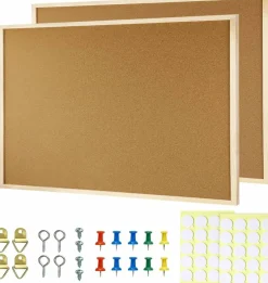 2 Pcs Wooden Framed Cork Board for Wall(Wood)