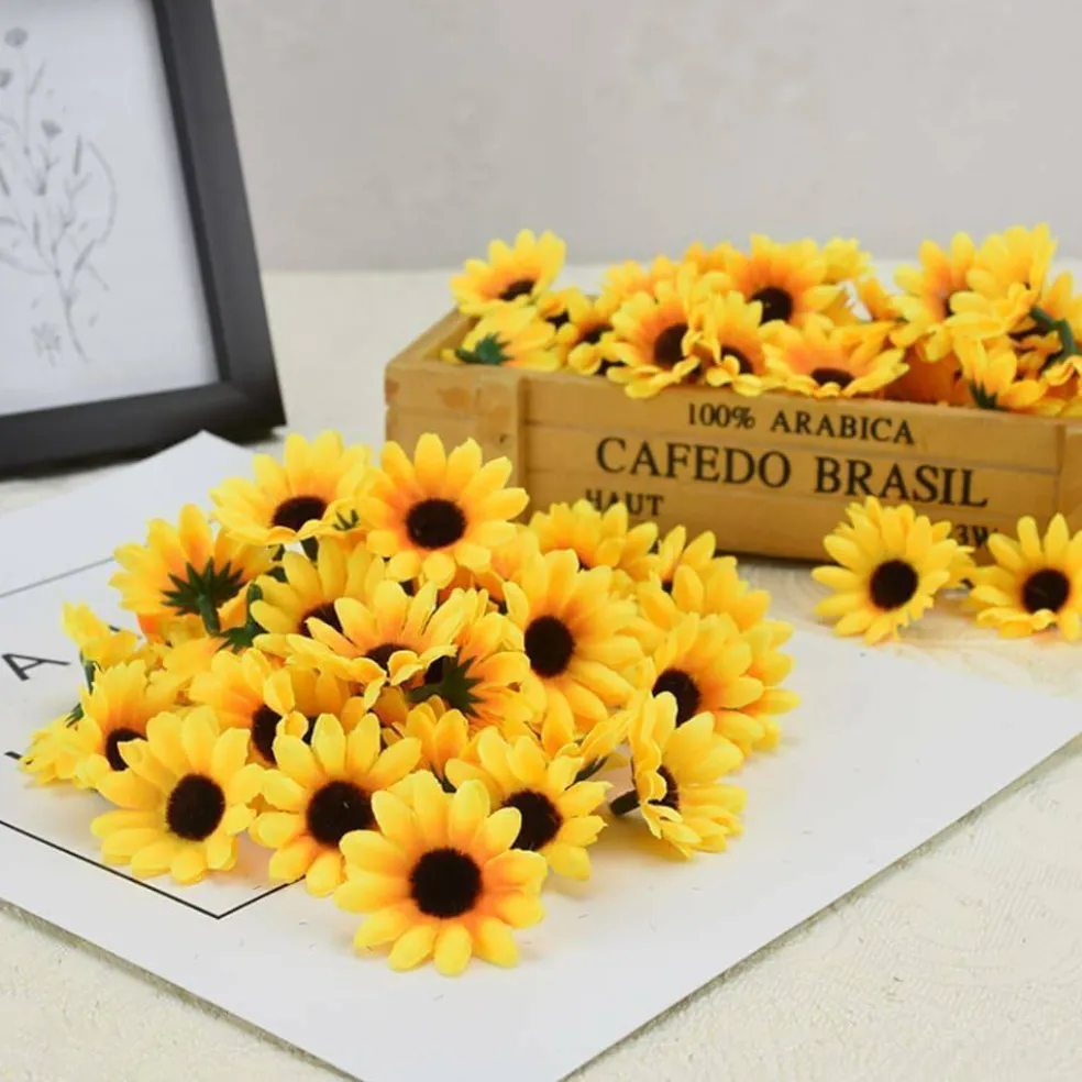 100Pcs Yellow Artificial Fake Sunflower (Yellow) 1"D x 0.2"W x 1"H