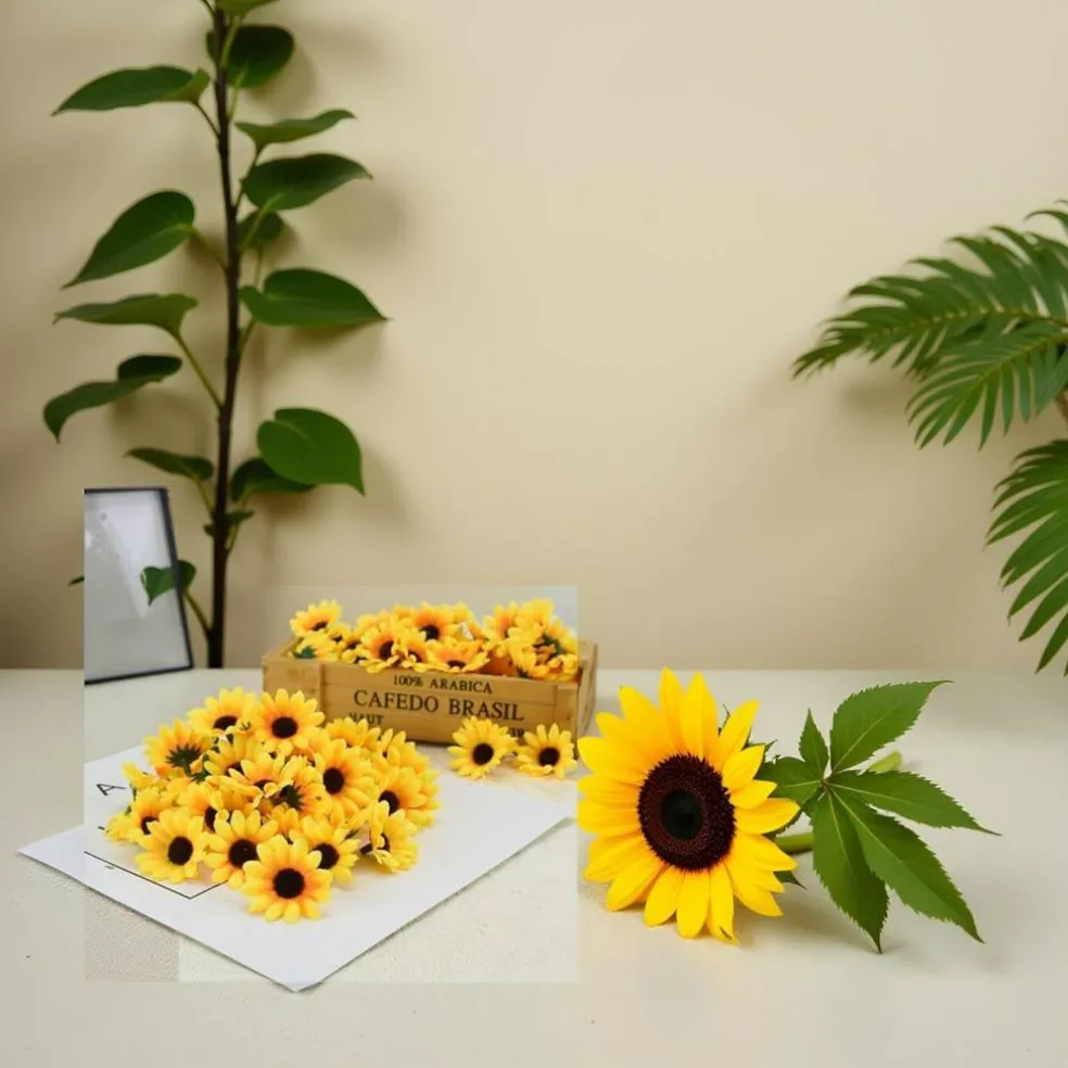 100Pcs Yellow Artificial Fake Sunflower (Yellow) 1"D x 0.2"W x 1"H