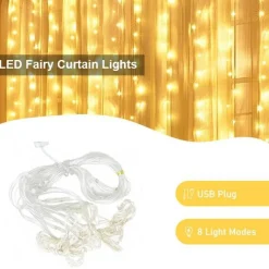 Perfect Holiday 300 LED USB Fairy Curtain Light With Remote - 8 Light Modes
