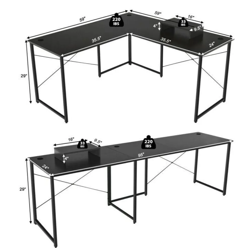 2-Person L-Shaped Long Reversible Computer Desk with Monitor Stand and Steel Frame