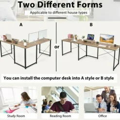 2-Person L-Shaped Long Reversible Computer Desk with Monitor Stand and Steel Frame