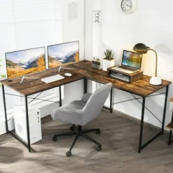 2-Person L-Shaped Long Reversible Computer Desk with Monitor Stand and Steel Frame
