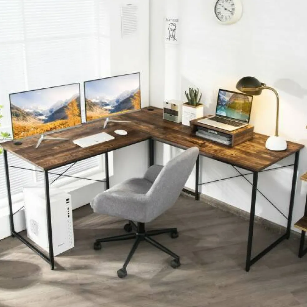 2-Person L-Shaped Long Reversible Computer Desk with Monitor Stand and Steel Frame