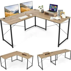 2-Person L-Shaped Long Reversible Computer Desk with Monitor Stand and Steel Frame