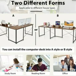 2-Person L-Shaped Long Reversible Computer Desk with Monitor Stand and Steel Frame