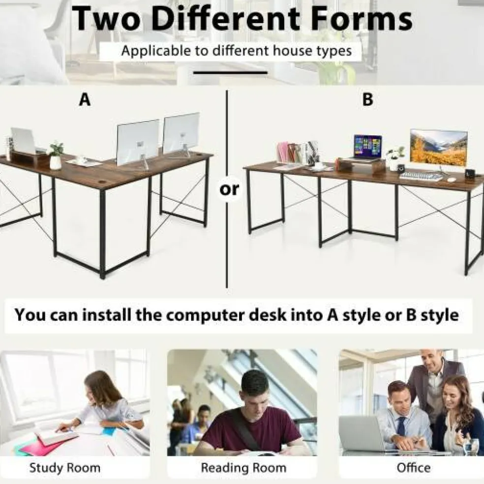 2-Person L-Shaped Long Reversible Computer Desk with Monitor Stand and Steel Frame