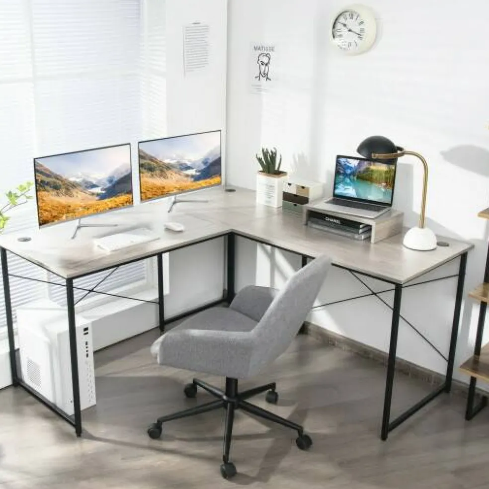 2-Person L-Shaped Long Reversible Computer Desk with Monitor Stand and Steel Frame