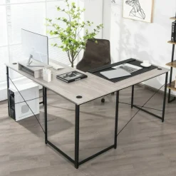 2-Person L-Shaped Long Reversible Computer Desk with Monitor Stand and Steel Frame