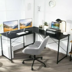 2-Person L-Shaped Long Reversible Computer Desk with Monitor Stand and Steel Frame