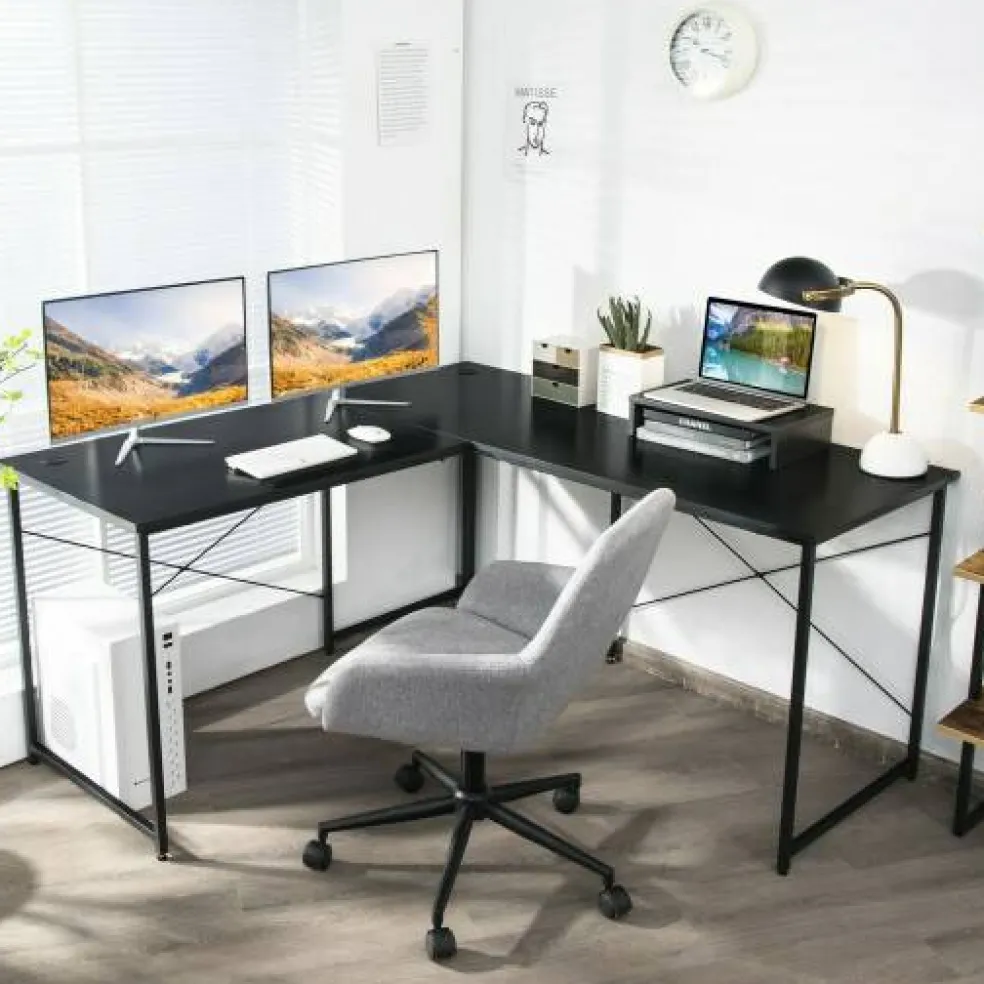 2-Person L-Shaped Long Reversible Computer Desk with Monitor Stand and Steel Frame