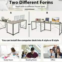 2-Person L-Shaped Long Reversible Computer Desk with Monitor Stand and Steel Frame