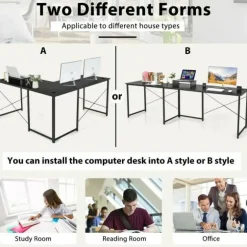 2-Person L-Shaped Long Reversible Computer Desk with Monitor Stand and Steel Frame