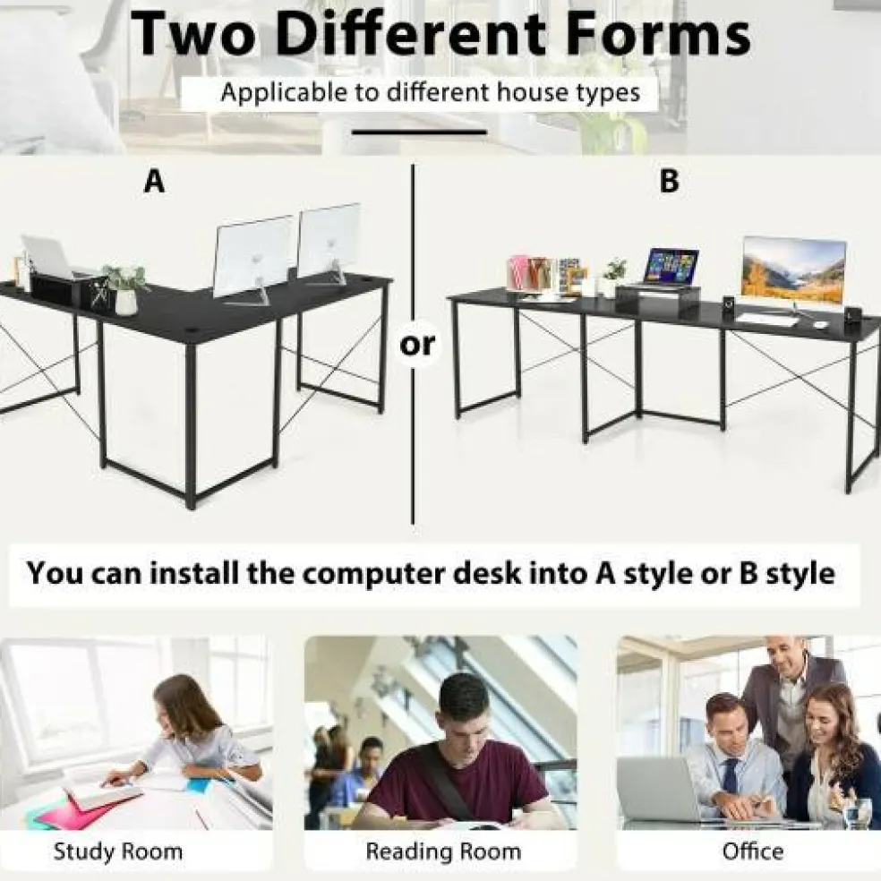2-Person L-Shaped Long Reversible Computer Desk with Monitor Stand and Steel Frame