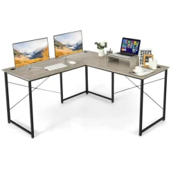2-Person L-Shaped Long Reversible Computer Desk with Monitor Stand and Steel Frame