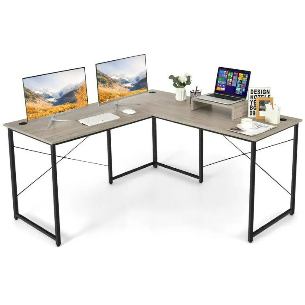 2-Person L-Shaped Long Reversible Computer Desk with Monitor Stand and Steel Frame
