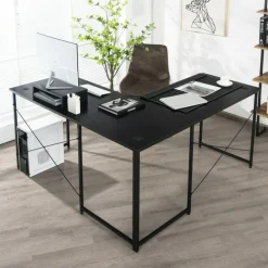 2-Person L-Shaped Long Reversible Computer Desk with Monitor Stand and Steel Frame