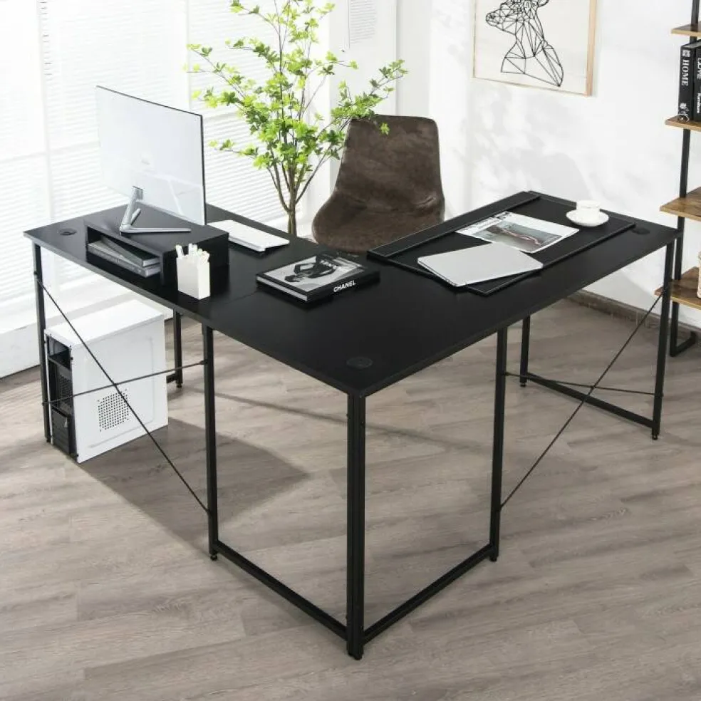 2-Person L-Shaped Long Reversible Computer Desk with Monitor Stand and Steel Frame