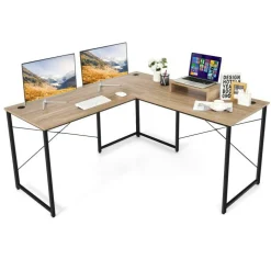 2-Person L-Shaped Long Reversible Computer Desk with Monitor Stand and Steel Frame