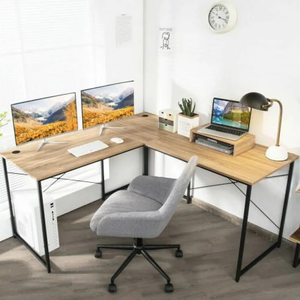 2-Person L-Shaped Long Reversible Computer Desk with Monitor Stand and Steel Frame