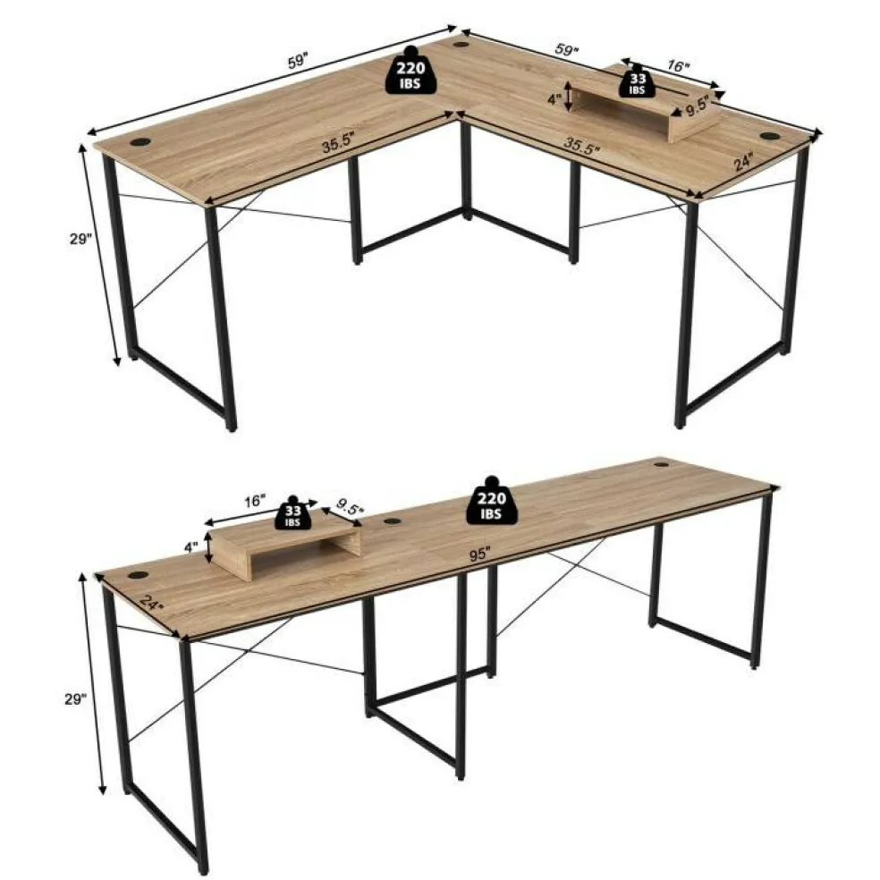 2-Person L-Shaped Long Reversible Computer Desk with Monitor Stand and Steel Frame