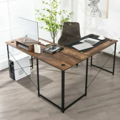 2-Person L-Shaped Long Reversible Computer Desk with Monitor Stand and Steel Frame