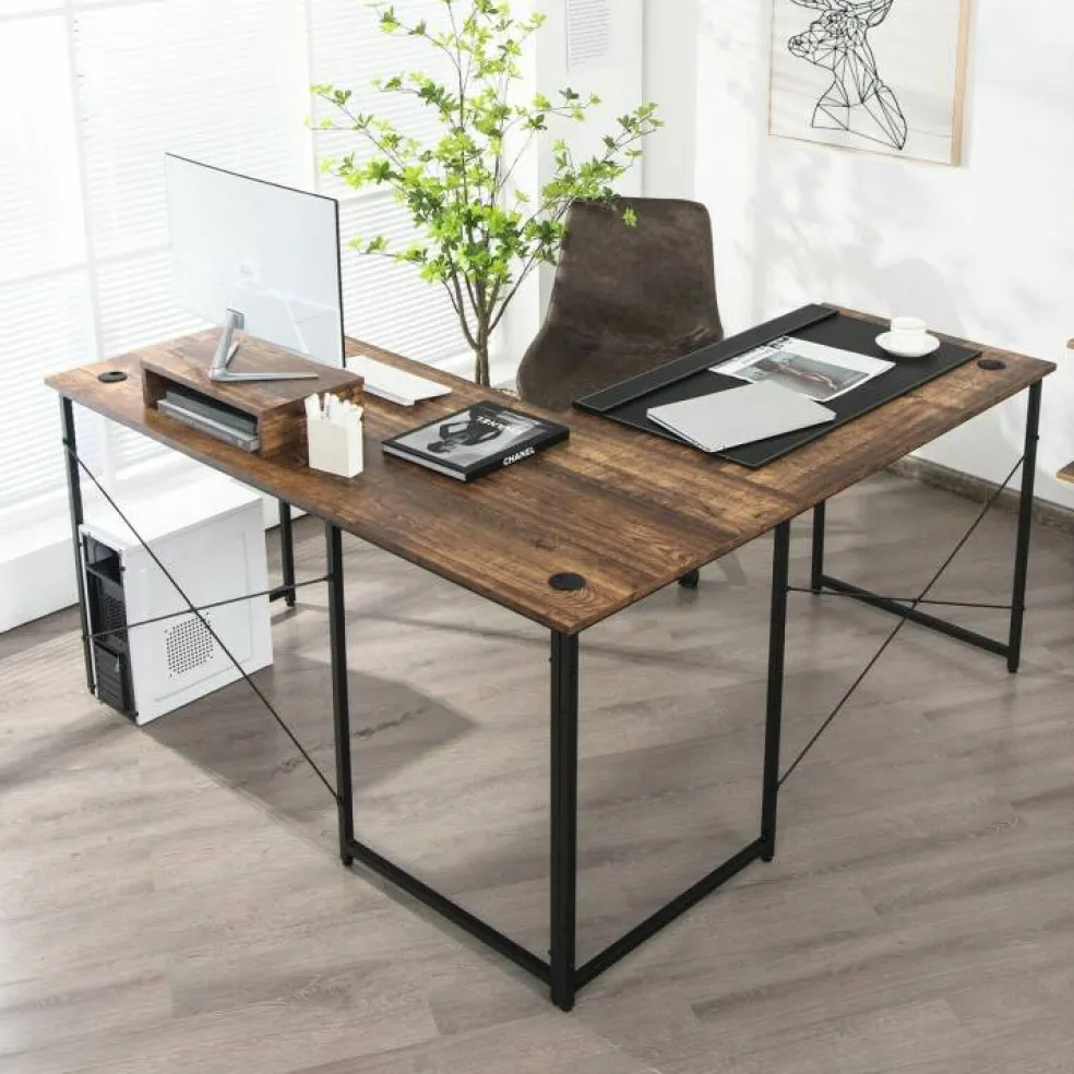 2-Person L-Shaped Long Reversible Computer Desk with Monitor Stand and Steel Frame