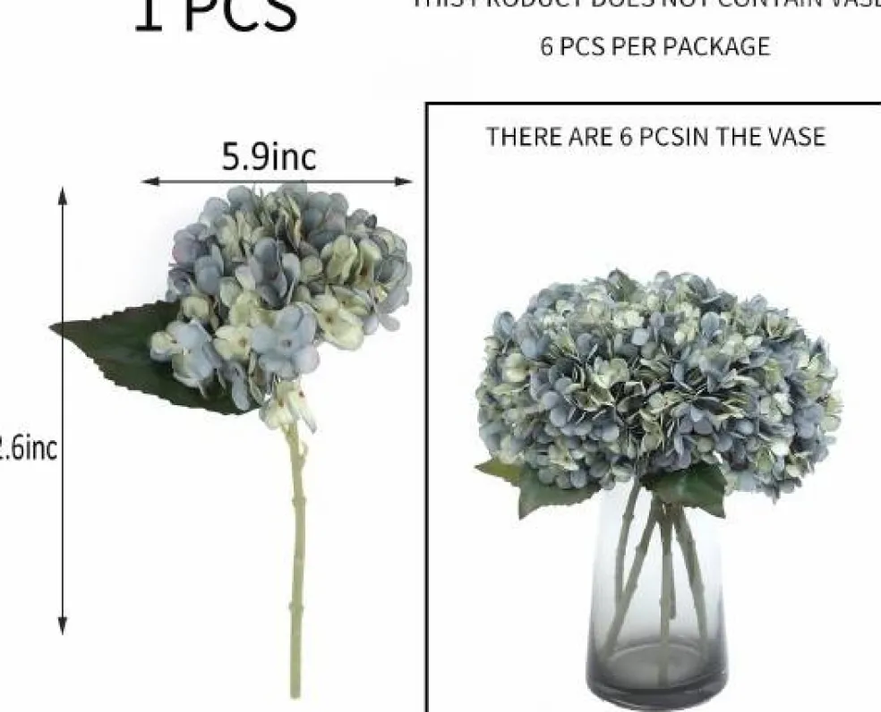 6-Piece Artificial Silk Hydrangea Flowers with Stems for Wedding & Home Décor