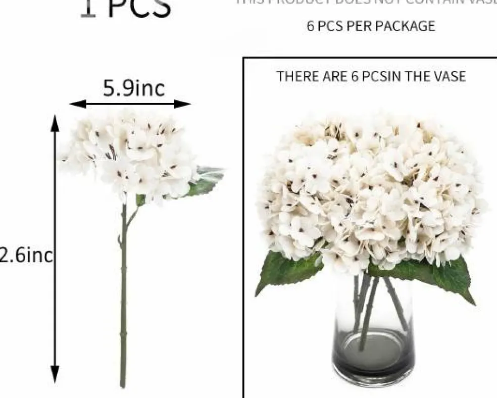 6-Piece Artificial Silk Hydrangea Flowers with Stems for Wedding & Home Décor
