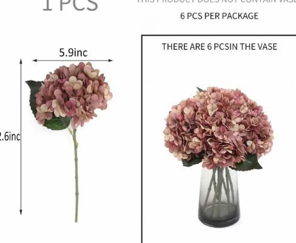 6-Piece Artificial Silk Hydrangea Flowers with Stems for Wedding & Home Décor
