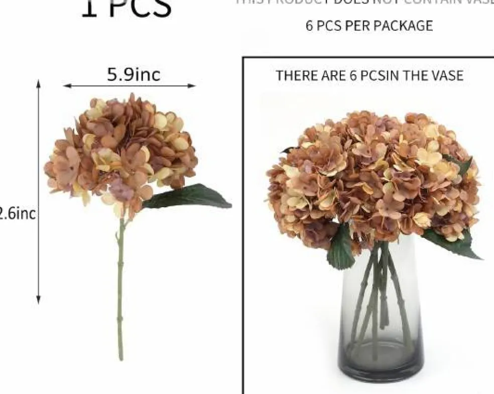 6-Piece Artificial Silk Hydrangea Flowers with Stems for Wedding & Home Décor