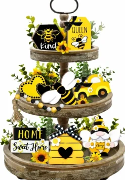 8 Piece Bee Tiered Tray Decor Set, Spring Summer Farmhouse Bumble Bee Wooden Signs with Gnome, Honey Hive and Truck Decorations for Kitchen, Shelf, Mantel, Coffee Bar and Home Decor