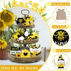 8 Piece Bee Tiered Tray Decor Set, Spring Summer Farmhouse Bumble Bee Wooden Signs with Gnome, Honey Hive and Truck Decorations for Kitchen, Shelf, Mantel, Coffee Bar and Home Decor
