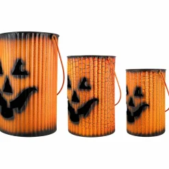 3 Piece Black & Orange Metal Pumpkin Lantern Halloween Decoration Set
