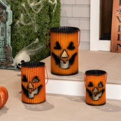 3 Piece Black & Orange Metal Pumpkin Lantern Halloween Decoration Set