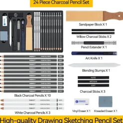 24-Piece Black & White Charcoal Drawing Set – Pencils for Sketching & Shading