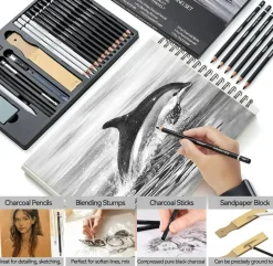 24-Piece Black & White Charcoal Drawing Set – Pencils for Sketching & Shading