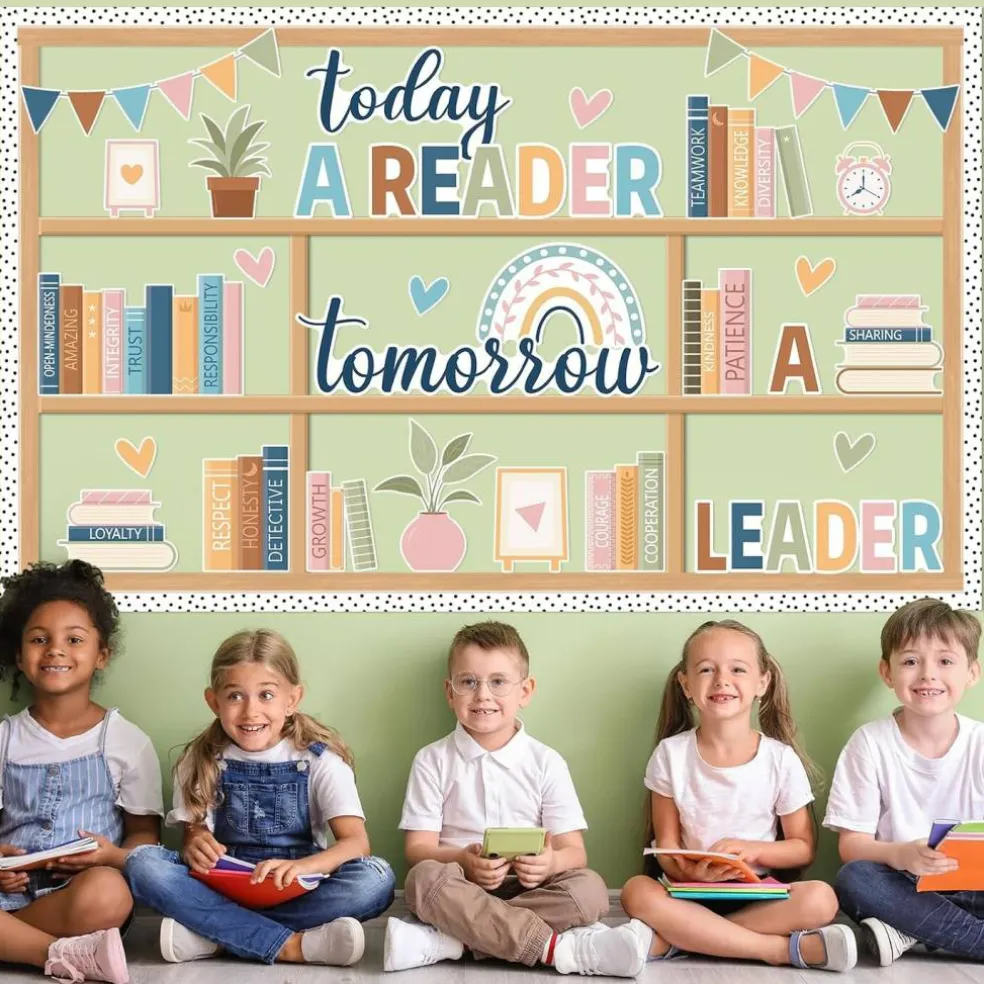 76-Piece Boho Reading Bulletin Board Set – “Today a Reader, Tomorrow a Leader” Bookshelf Classroom Decor with Rainbow Cutouts, Inspirational Library Wall Display for School, Home, Library & Learning Spaces