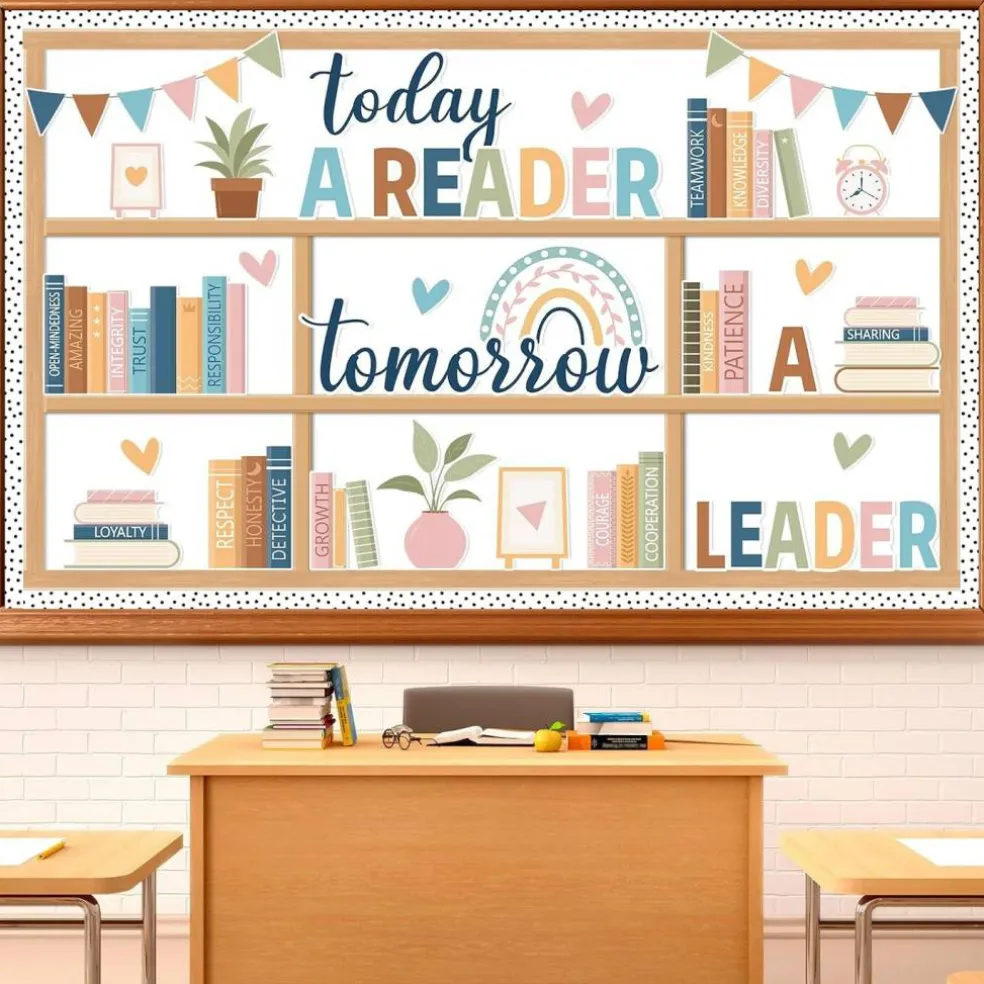 76-Piece Boho Reading Bulletin Board Set – “Today a Reader, Tomorrow a Leader” Bookshelf Classroom Decor with Rainbow Cutouts, Inspirational Library Wall Display for School, Home, Library & Learning Spaces