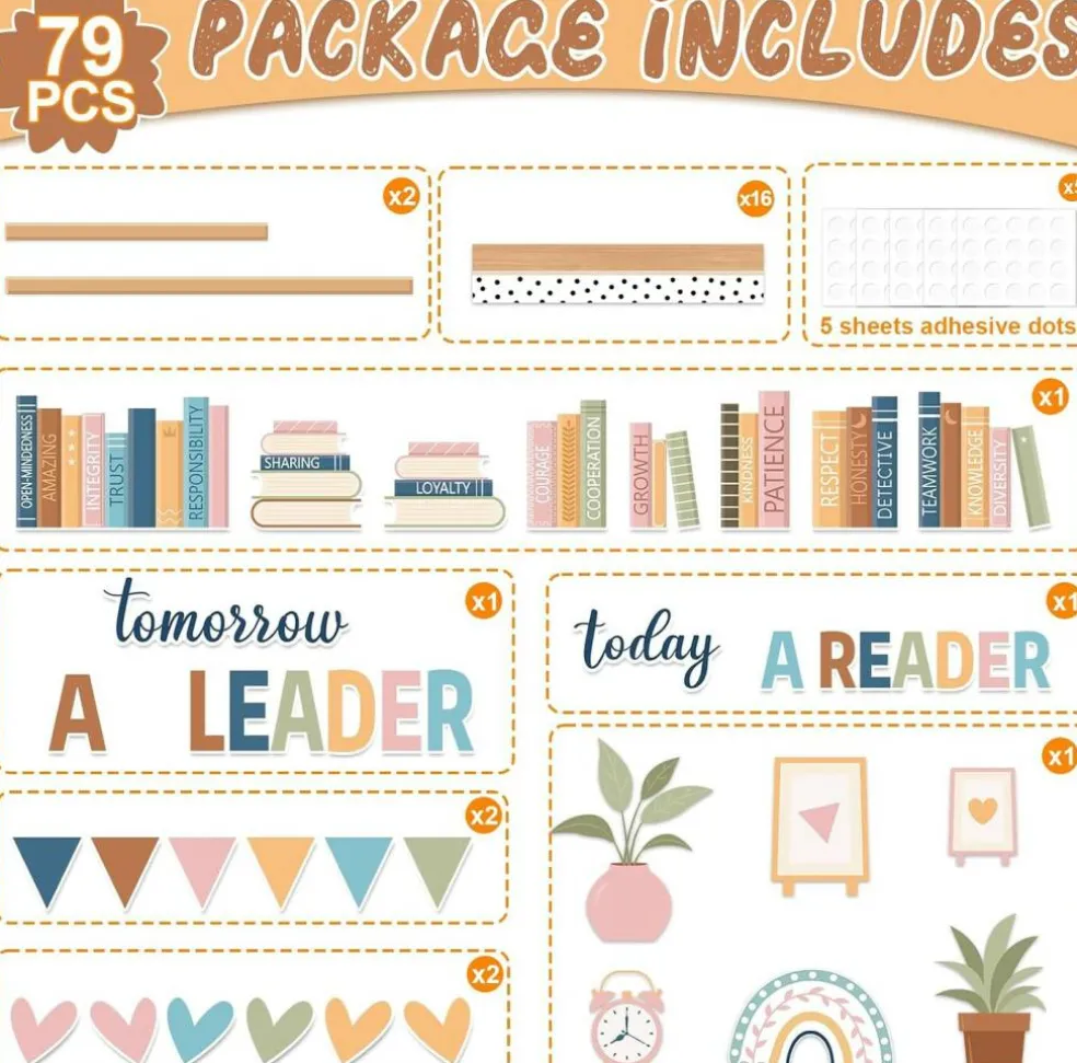 76-Piece Boho Reading Bulletin Board Set – “Today a Reader, Tomorrow a Leader” Bookshelf Classroom Decor with Rainbow Cutouts, Inspirational Library Wall Display for School, Home, Library & Learning Spaces