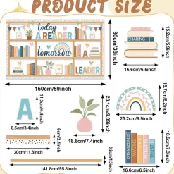 76-Piece Boho Reading Bulletin Board Set – “Today a Reader, Tomorrow a Leader” Bookshelf Classroom Decor with Rainbow Cutouts, Inspirational Library Wall Display for School, Home, Library & Learning Spaces