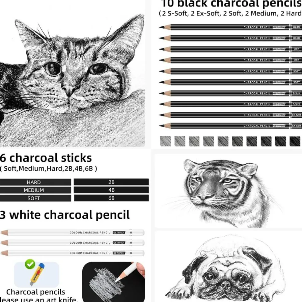 27-Piece Charcoal Drawing Set – Black & White Pencils with Graphite Sticks for Sketching & Shading