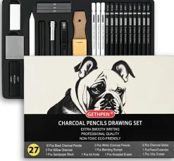 27-Piece Charcoal Drawing Set – Black & White Pencils with Graphite Sticks for Sketching & Shading