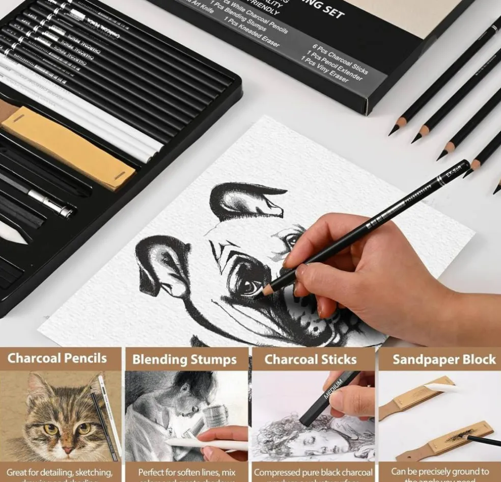 27-Piece Charcoal Drawing Set – Black & White Pencils with Graphite Sticks for Sketching & Shading