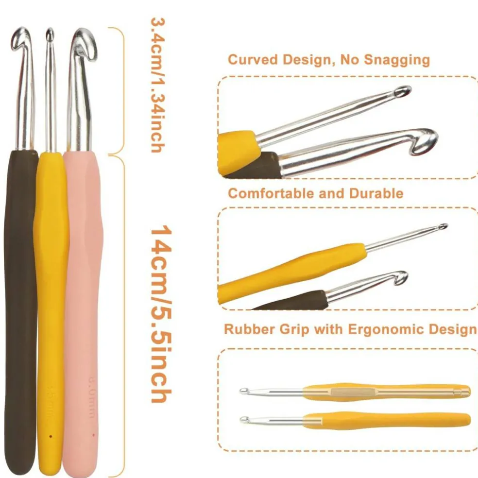 14 Piece Crochet Hook Set, Soft Grip Ergonomic Crochet Needles with Storage Case, Ideal for Beginners, Arthritic Hands
