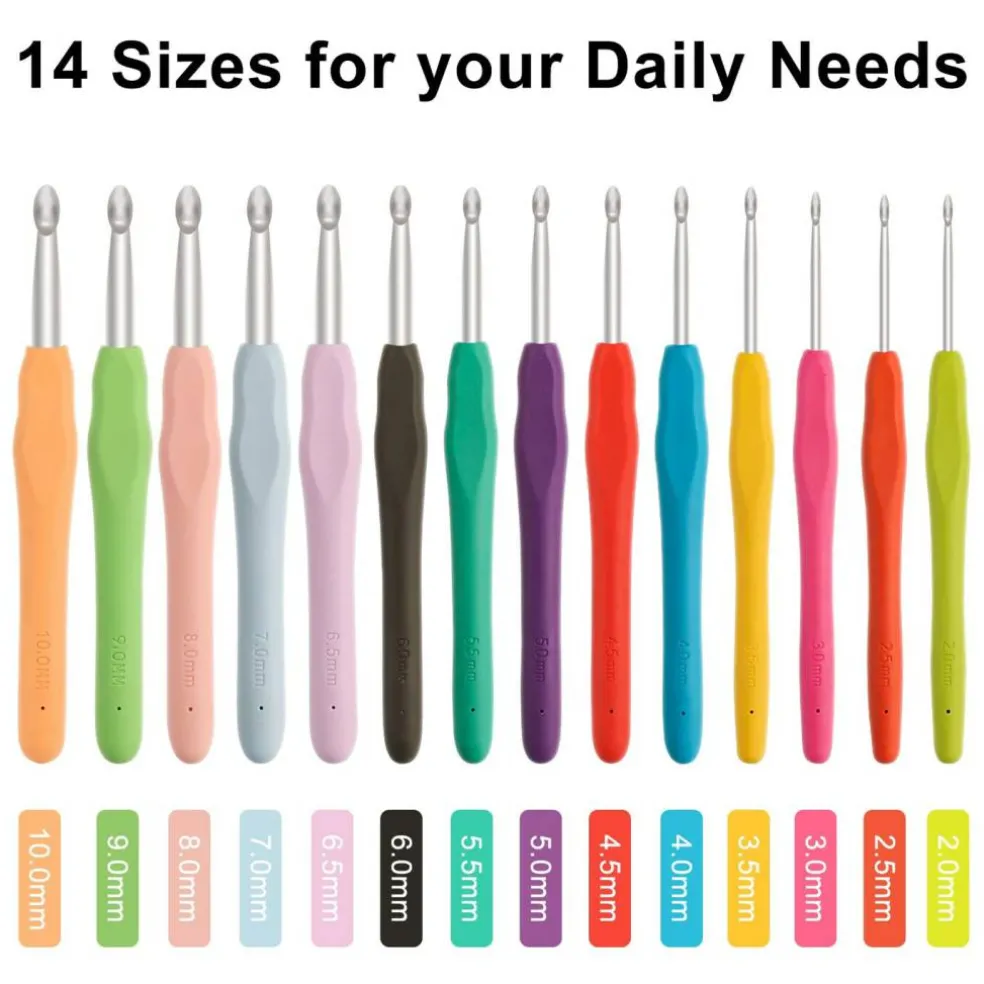 14 Piece Crochet Hook Set, Soft Grip Ergonomic Crochet Needles with Storage Case, Ideal for Beginners, Arthritic Hands