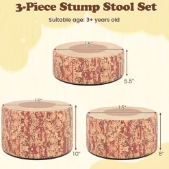 3 Piece Dark Walnut PU Leather Stump Stool Set with Foam and Anti-Slip Base