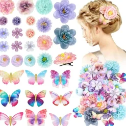 30-Piece Flower & Butterfly Hair Clips Set: Realistic 3D Fabric & Alloy Clips for Women & Girls – Blue, Purple & Colorful Bridal, Wedding & Party Hair Accessories