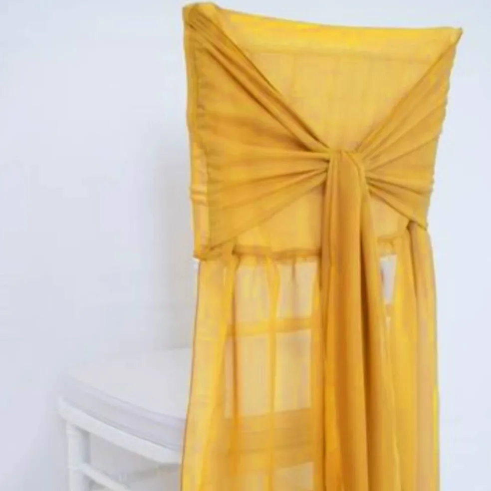 1 Piece Gold Chiffon Chair Back Drape with Sash Elegant Slipcover for Chiavari Chairs