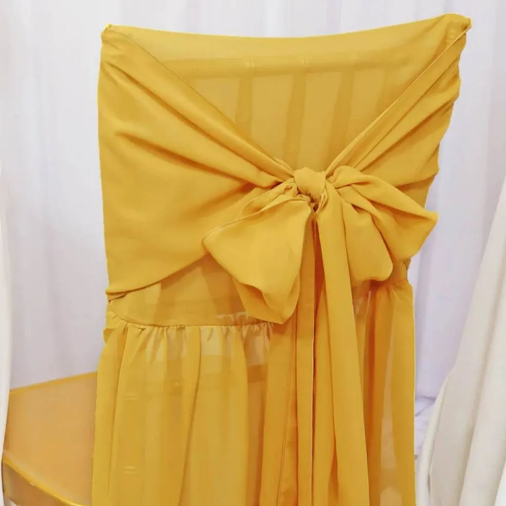 1 Piece Gold Chiffon Chair Back Drape with Sash Elegant Slipcover for Chiavari Chairs